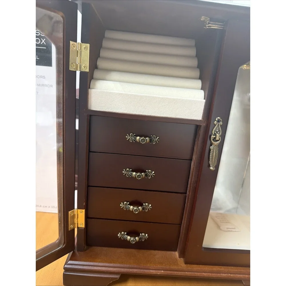 FRONT GLASS JEWELRY BOX-RING ROLL CLOSET, 4 DRAWERS, REVOLVING HANGER,MIRROR NEW